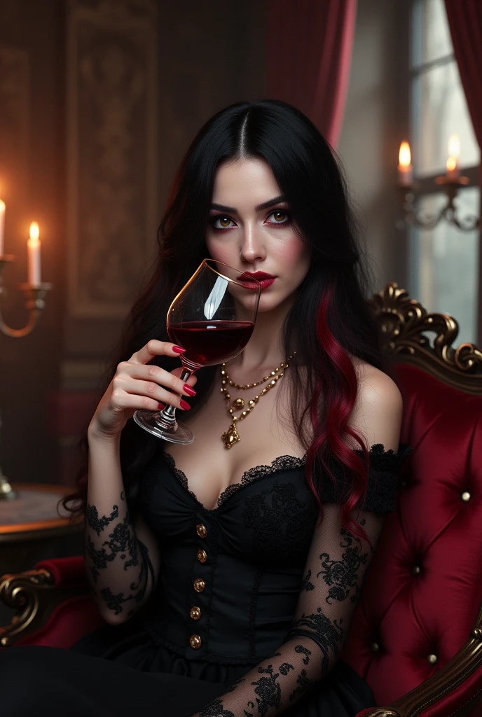 A vampire woman, with long black locks and red highlights, drinking wine.