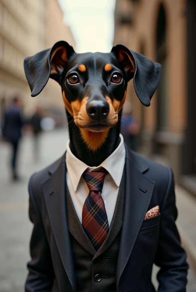 Pincher dog in a designer suit 