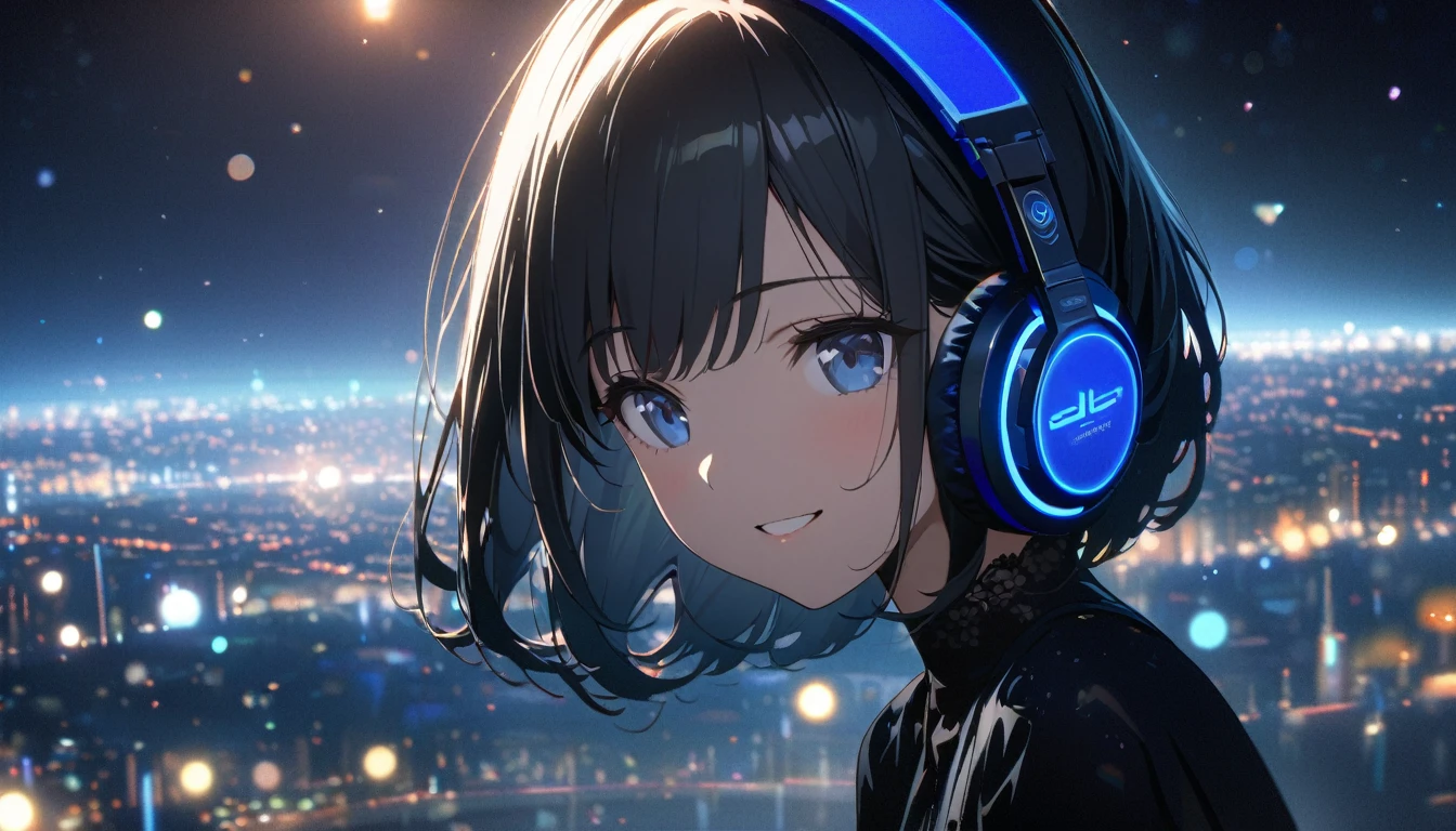 one girl, black short hair and bob hair、beautiful blue eyes、smile、gentle smile on her face、flat chest, one Beautiful girl,((masterpiece, illustration, best quality) ((ultra-detailed))\Black short Hair, Black Clothing, One Adult Woman Looking Sideways ,Blue headphones、 City of night, Delicate background、Masterpiece、Night Town、night、dark、Nostalgic、City,濃い青とBeautiful Blueのグラデーション, High resolution, 8K HD detail, hyper-detail, cinematic, surrealism, soft light, deep field focus bokeh, ray tracing and surrealism. --v6