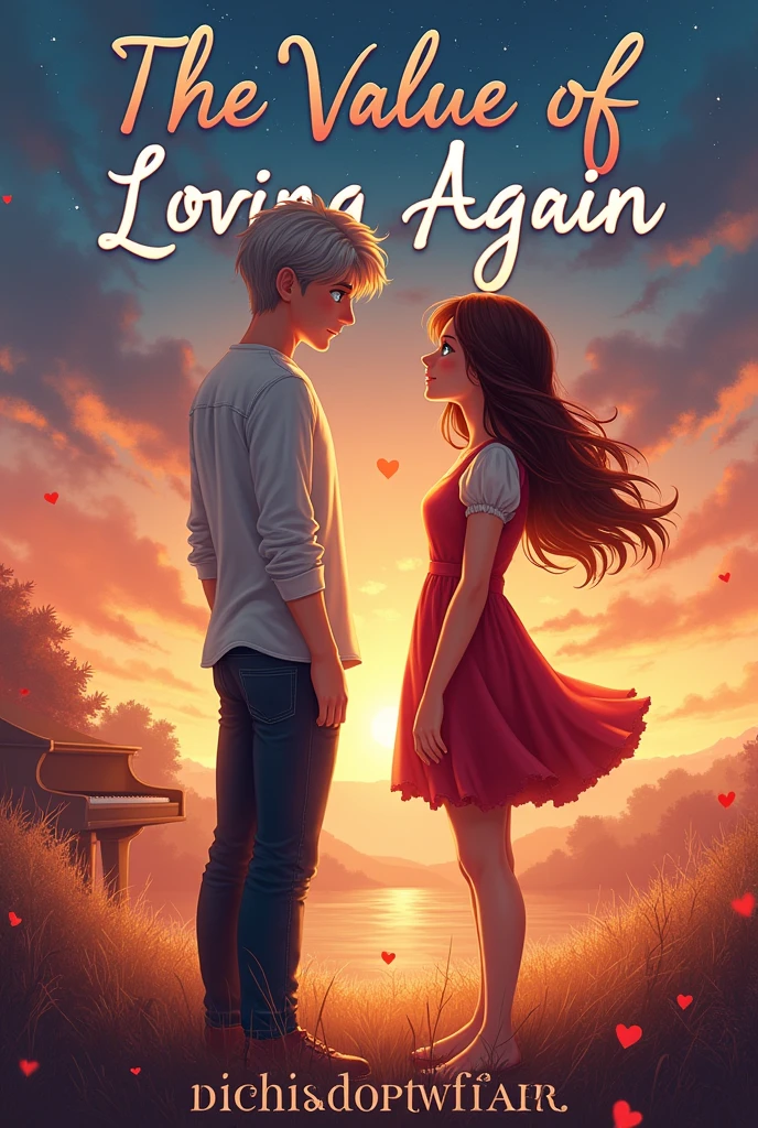 A cover for a book where the title is the value of loving again , You see a tall boy with silver hair, blue eyes and a girl with brown hair, blue eyes and pretty features, both with their backs turned with a red thread of destiny that unites them. , a sunset-like background where behind you can see the shadow of a piano and some stars