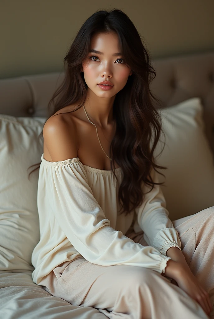 (photorealism:1.2), beautiful woman, sitting on bed, wearing loose off-shoulder top, pajama pants, long c