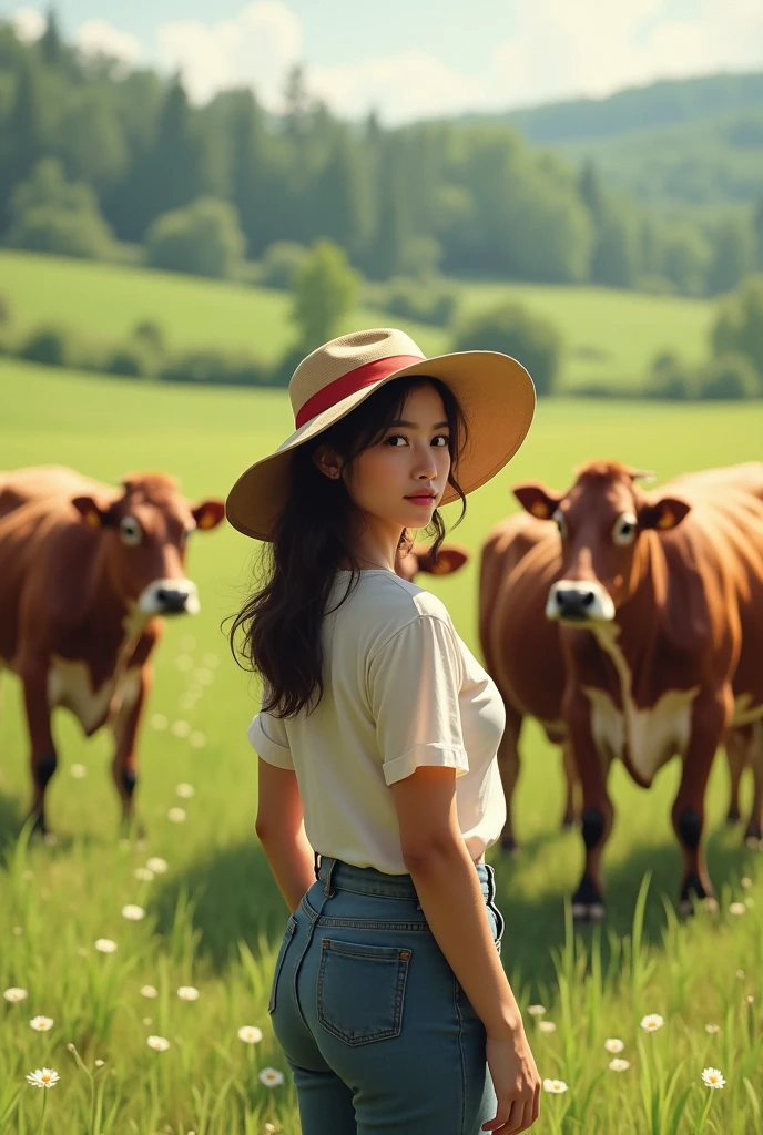 Young woman in the field tending cows wearing a hat and a cap, The image shows the woman with her back to the cows in the background looking towards her.
