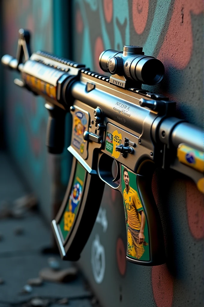 A rifle with Neymar stickers
