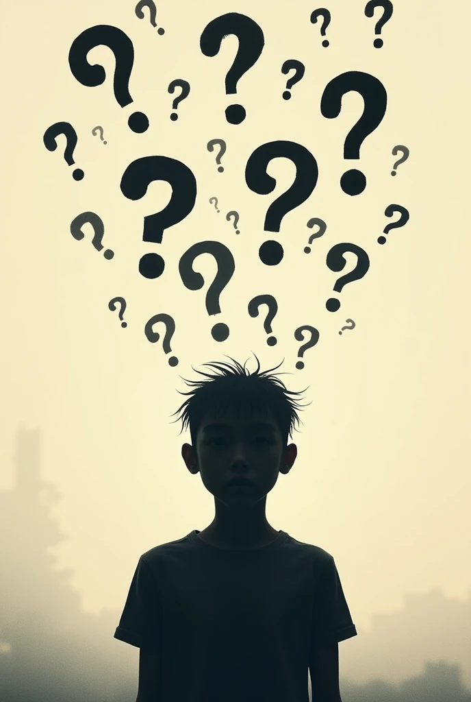 Question marks floating over head, silhouette