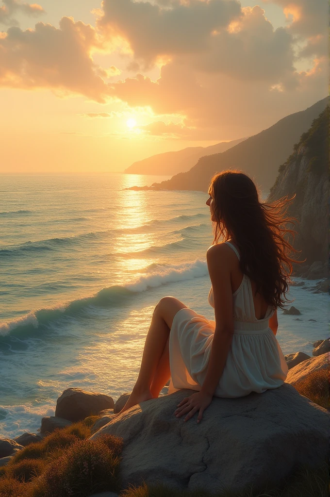 a woman sitting by the sea at sunset
