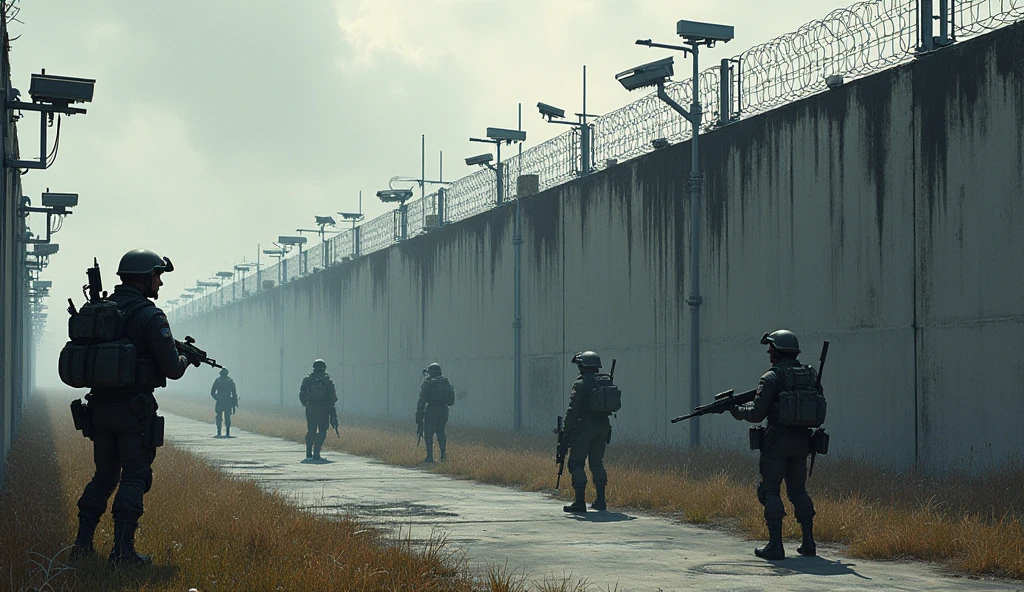 Make a picture of a wall, with surveillance pens and armed soldiers