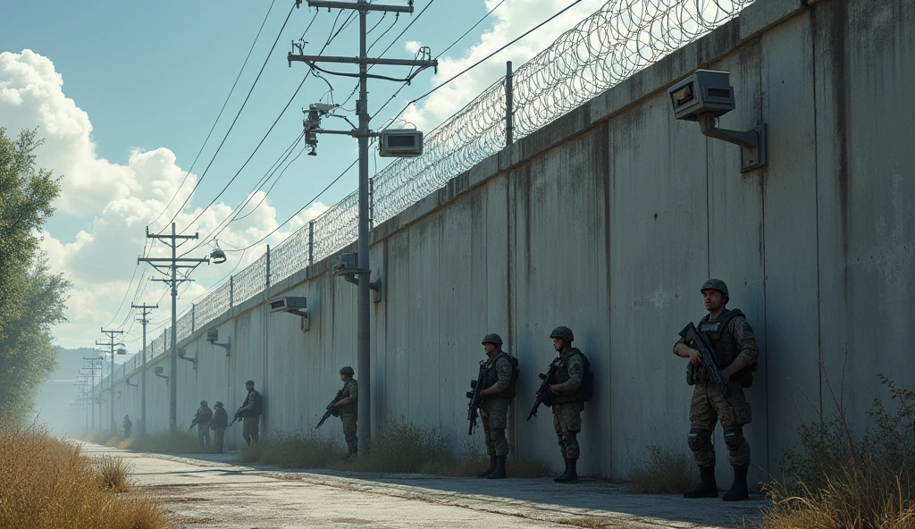 Make a picture of a wall, with surveillance pens and armed soldiers