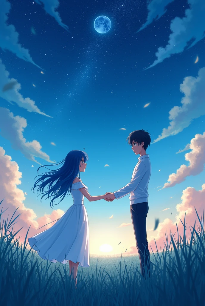 Two people in a field with tall grass, a young woman in a white dress with hair dyed at the tips of blue and on the other end a tall young man trying to reach her dressed in a white shirt and in the background a starry night with strong winds, anime-like
