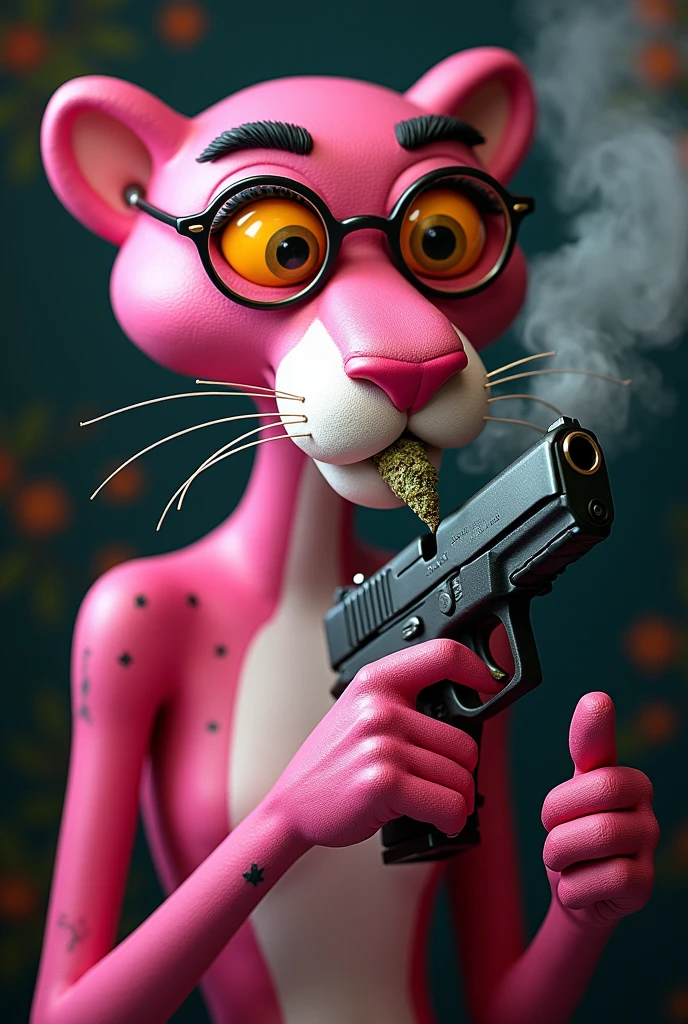 Pink Panther smoking ?????????, with a glock pointing at all the tattoos 