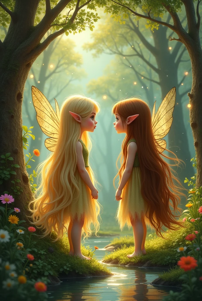 The fairy with the blonde long hair introduces her friend with a long brown hair to her fairy grand parents