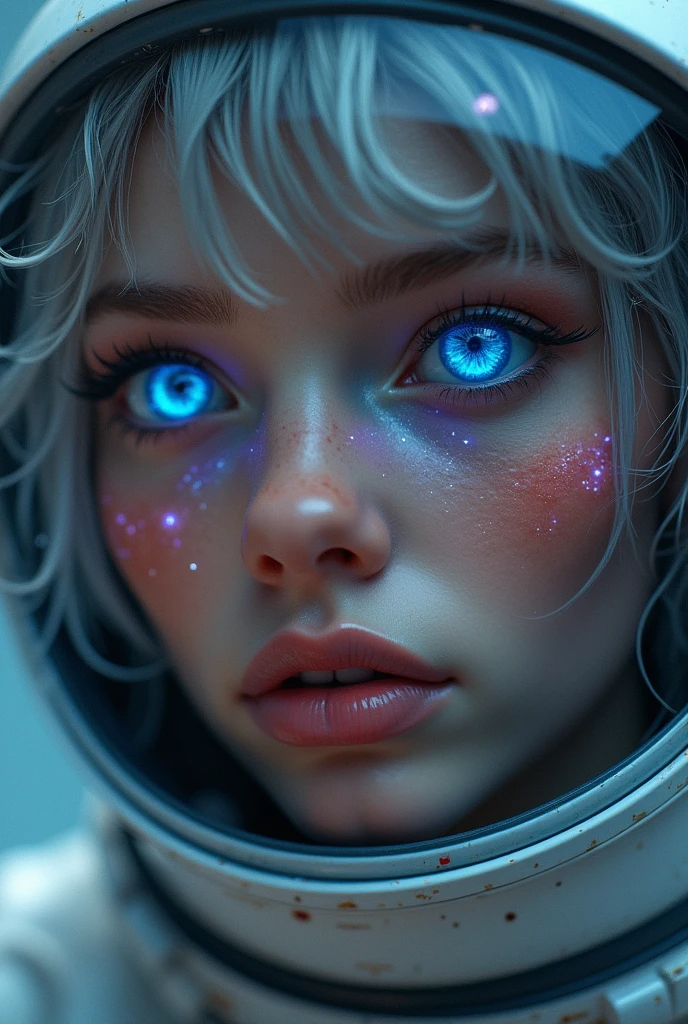 (Close-up of a better masterpiece:1.5)0.9], (Space and astronauts:1.2) (Messy silver hair:1.1) (Heterochromia xanthochromia and blue eyes:1.2) (Space Helmet:1.0) (Colored stars in the eyes:1.0) (A radiant glow:1.1) (thick lips:0.9)