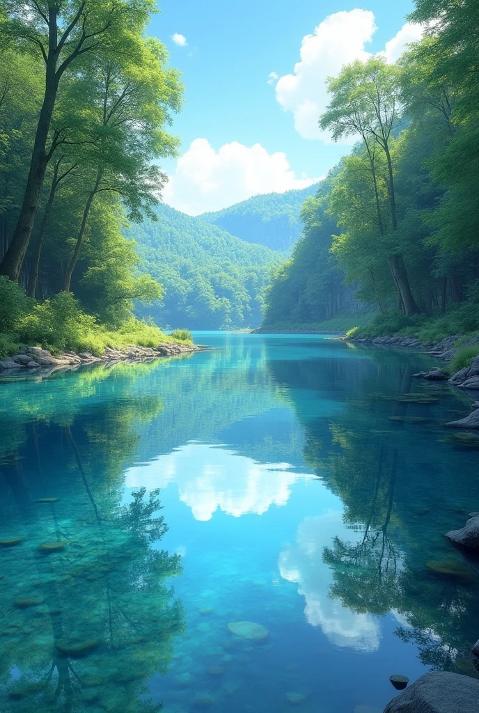 Quiet WatersPrompt: "A lake or stream with crystal clear, calm waters. The surface of the water reflects the blue sky and the surrounding trees. The image should convey a sense of calm and renewal.."
