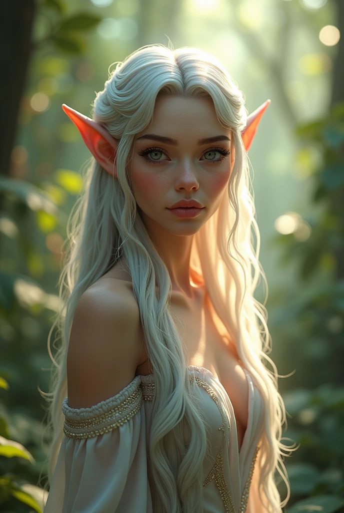 a female elf with long flowing silver hair, beautiful detailed eyes, beautiful detailed lips, extremely detailed face, longeyelashes, pointed ears, ethereal, glowing skin, elegant flowing dress, standing in a magical forest, sunlight streaming through the trees, fantasy, digital art, concept art, octane render, 8k, high resolution, photorealistic, masterpiece
