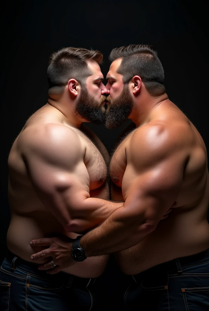 "8KUHD HDR Very Realistic Very Detailed High Quality Create a professional studio-style photograph featuring two 4 men, 8K hdr burly, 8K hdr hairy, 8k hdr beared big sexy chubby daddy bear,  and 8K hdr very realistic detailed rugged man and his husband in boxers. 8K Hdr very realistic beards, 8K very hdr realistic hair, 8K very hdr realistic beards, 8K hdr very realistic thick chubby fat neck, 8K hdr very realistic neck, 8K hdr very realistic neck details, 8K hdr very realistic neck lines, 8K hdr very realistic belly, 8K hdr very realistic chest, 8K hdr very realistic strong chest and arms, 8K hdr very realistic hairy chest and arms, 8K hdr very realistic pecs, 8K hdr very realistic burly body, 8K hdr very realistic nipples, 8K hdr very realistic burly body, 8K hdr very realistic face, 8K hdr very realistic eyes, 8K hdr very realistic nose, 8K hdr very realistic ears, 8K hdr very realistic facial features, 8K hdr very realistic arms, 8K hdr very realistic hands, 8K hdr very realistic wrists, 8K hdr very realistic fingers, 8K hdr very realistic fingernails, 8K hdr very realistic shoulders, 8K hdr very realistic mouth, 8K hdr very realistic skin textures, 8K hdr very realistic textures, 8K hdr very realistic extricate detailing, 8K hdr very realistic lips, 8K hdr very realistic detailed skin, 8K hdr very realistic skin, 8K hdr very realistic heads, 8K hdr very realistic ears, 8K hdr very realistic nose, 8K hdr very realistic facial features, 8K hdr very realistic mens clothing, 8K hdr very realistic detailed mens clothing. 8K HDR A very realistic man and his husband are sexually kissing each other, 8K HDR very realistically kissing each other, in a 8K HDR very realistic romantic and HDR virile scene. 8K HDR Very Realistic Intricately Detailed, 8K HDR Utilize all appropriate lighting techniques for studio photography. 8K HDR The background should be black." No Deformities, 8K HDR "everything is very realistic real life 8K HDR"