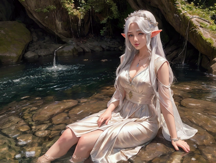 Highest image quality, outstanding details, ultra-high resolution, (realism: 1.4), the best illustration, favor details, highly condensed 2girls, a very beautiful adult female elf wearing a cream orange v neck dress with silver hair. And a very beautiful adult female elf wearing a magenta cream colored v neck outfit. They were playing in a river full of large rocks. The background of a typical elven village is very beautiful. Full body portrait. Masterpiece