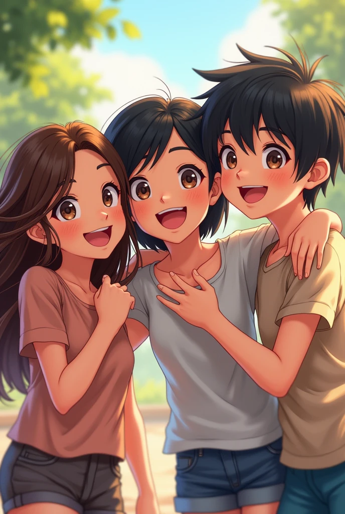 Three fun  friends:  a thin girl with long brown hair and brown eyes, an average size, with short black hair and brown eyes , and the last one with medium black hair, with optical lenses 