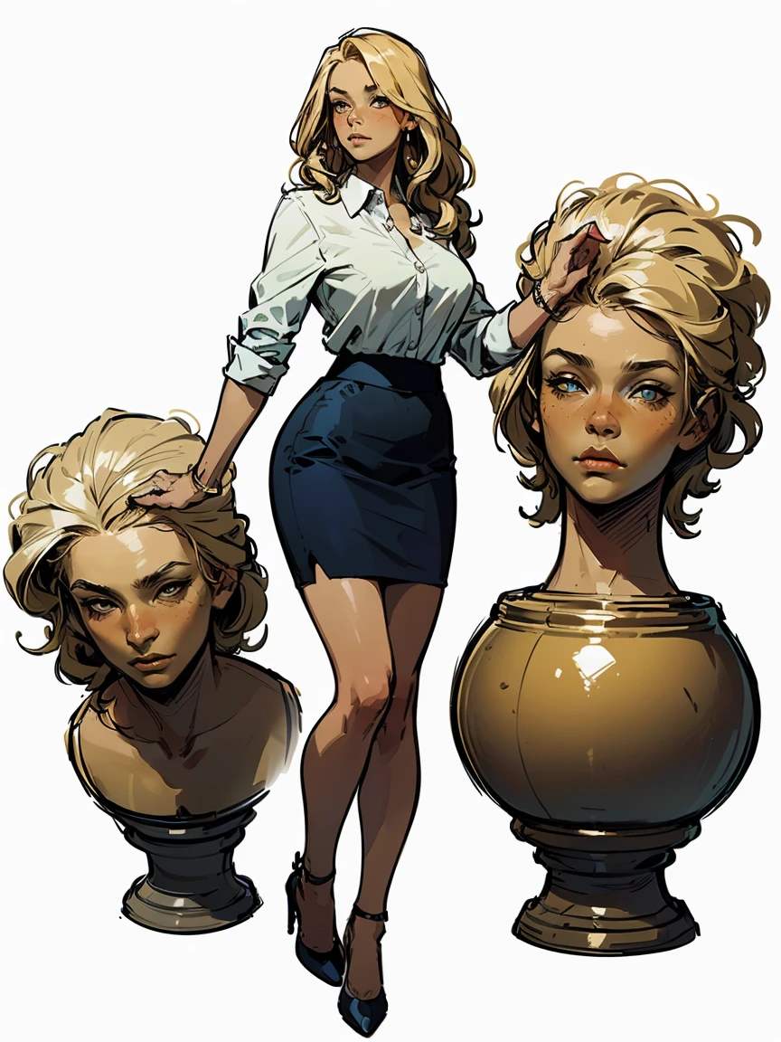 solo,1girl, (((character design))), ((UHD, High details, masterpiece)), (one woman, tall young woman), ((blonde wavy hair, and wearing a white shirt and pencil blue skirt, yellow heels)), (((simple background, white background)))