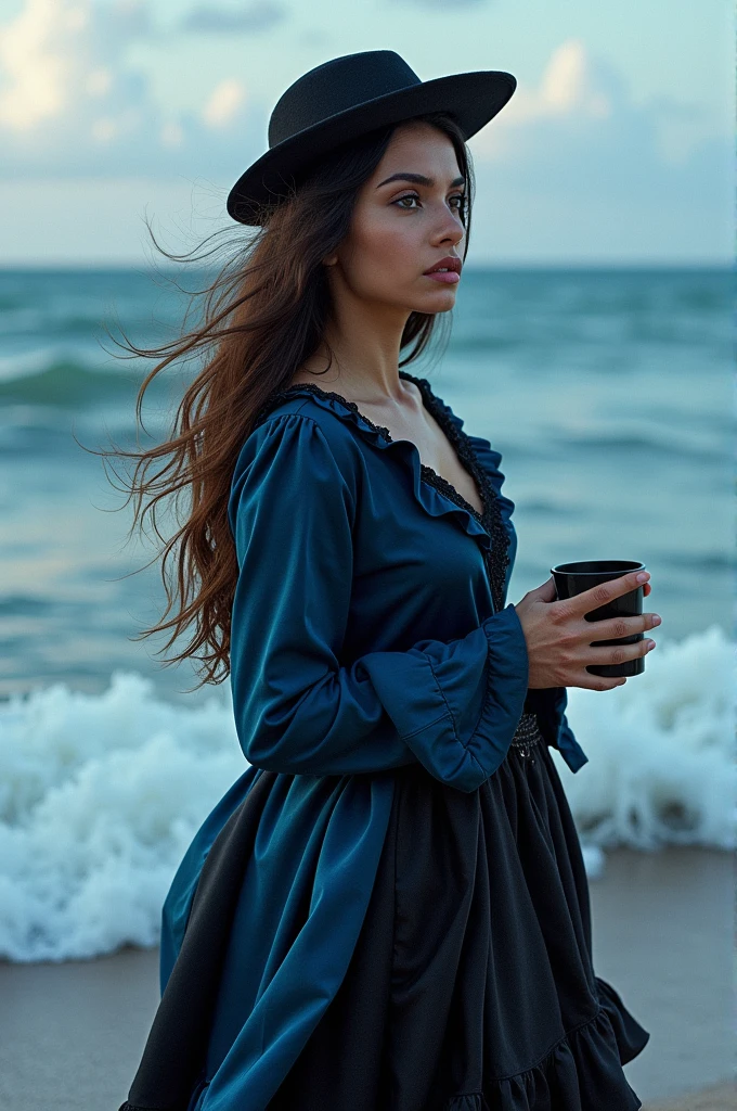Create an image of Pombogira 7 Waves, of Quimbanda, where she is by the sea in a dress with a ruffle, blue and black, a small black peakless hat, Brunetette, very beautiful, in the background the sea with 7 waves, and a black cup in his left hand