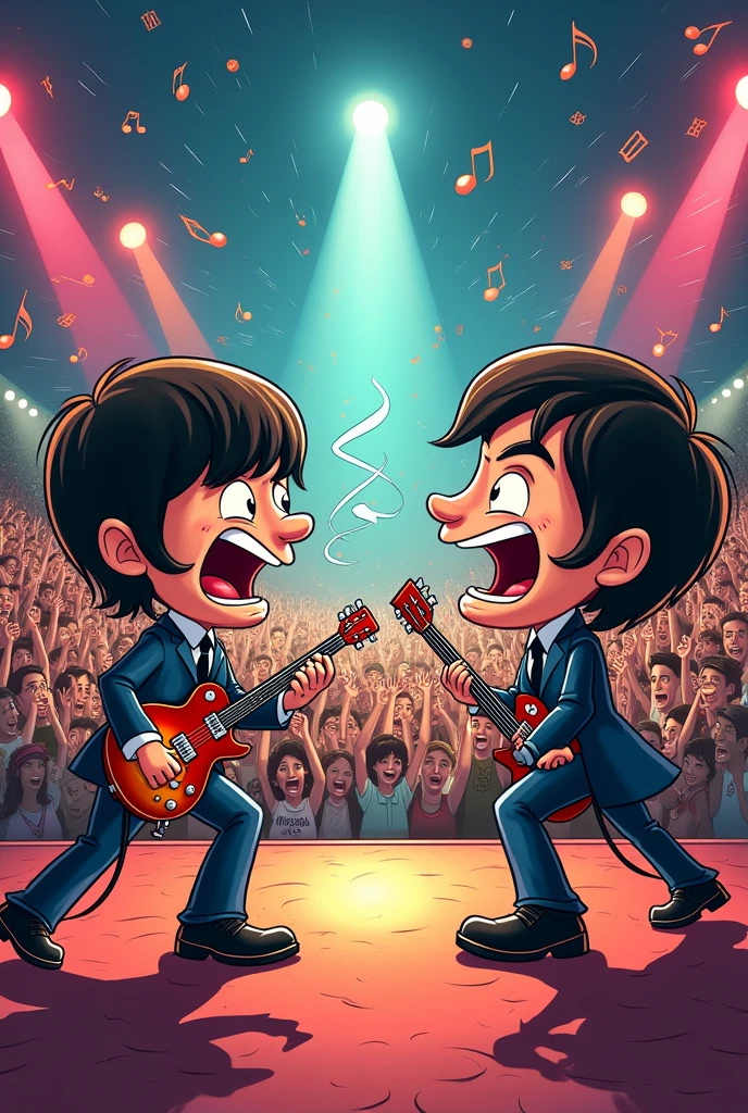 a cartoon of a beatles vs rolling stones musical battle, with the following sentence: "What is the best rock band of all time??"