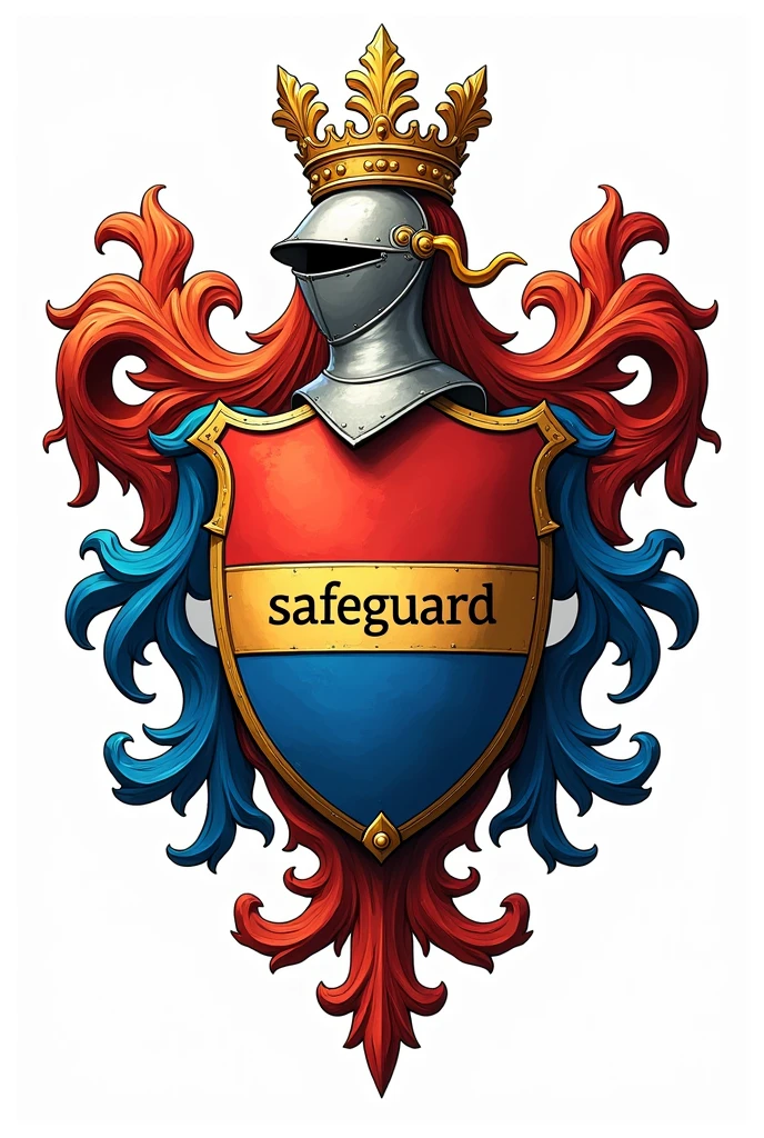 Coat of honor, with colors, Unripe, gold, blue and red. written inside the coat of arms: SafeGuard. white background.