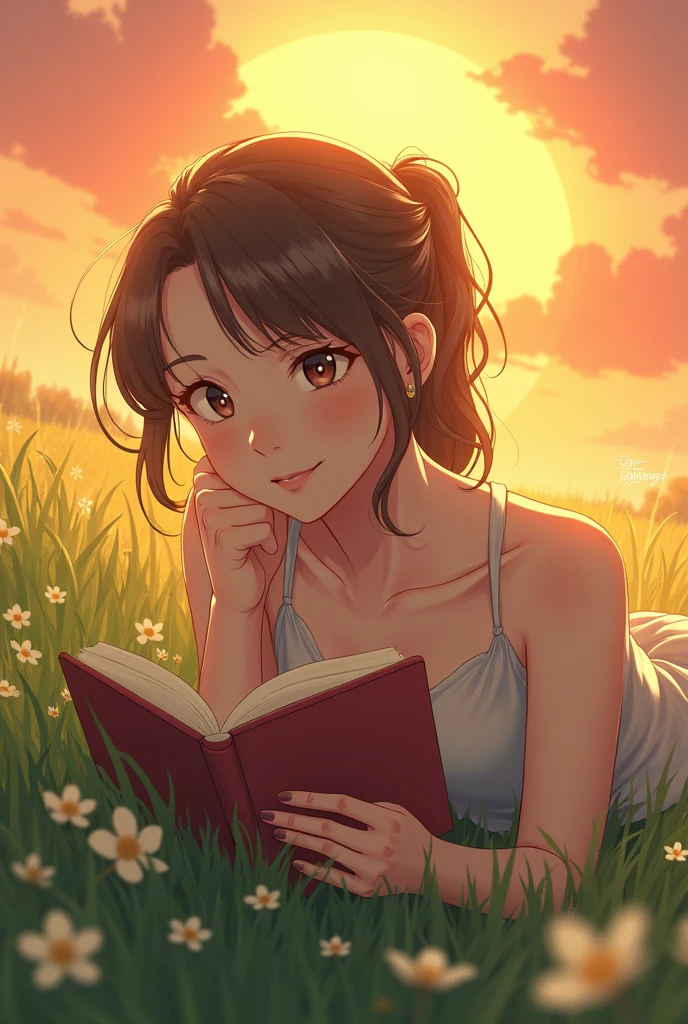 beautiful young, anime styling, Kizi, mulher de corpo inteiro, reading a book lying on the grass, detailled image, sunset, with a lot of shine, beautiful smiling