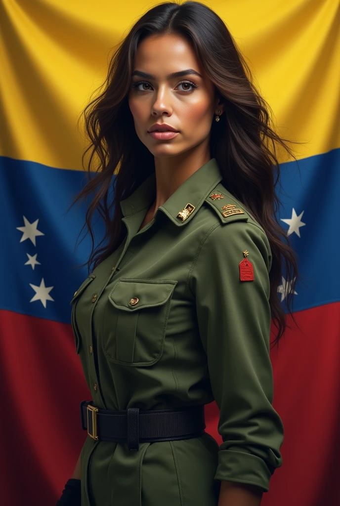 A woman with light brown skin, long hair back looking at the Venezuela flag.
dressed as a military man