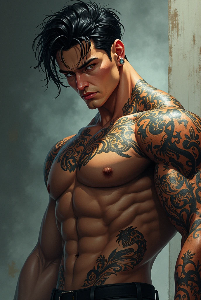 A Korean manhwa style character,He has jet black hair, intense brown eyes and a defined jaw.. He is tall and muscular,He has tattoos covering his arm and torso.