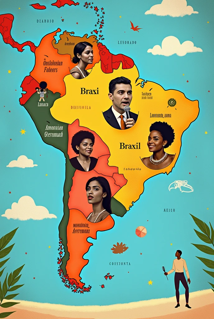 Thematic map of Brazil with photos of famous singers from each state