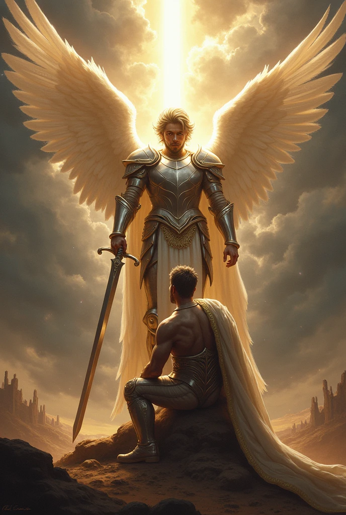 "In a heavenly judgment scenario, el arcángel miguel se enfrenta al dictador, who is on his knees before his powerful presence. miguel, with his shining armor and his luminous sword raised, He looks at the dictator with an expression of solemn determination. 'You have defied heaven and oppressed your people for too long.. today, You will face divine justice', declara miguel. With a single powerful blow of his sword, overthrow the dictator, who falls to the ground wounded and defeated. In a desperate attempt to escape, The dictator looks around, but there is no escape, since divine justice follows him relentlessly. The background shows a landscape that reflects the severity of the judgment., with dark clouds dissipating and a heavenly light highlighting the scene of the victory of justice over tyranny."