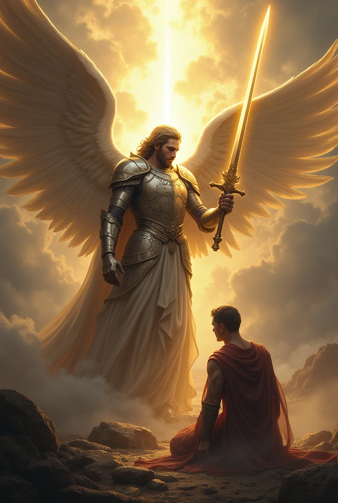 "In a heavenly judgment scenario, el arcángel miguel se enfrenta al dictador, who is on his knees before his powerful presence. miguel, with his shining armor and his luminous sword raised, He looks at the dictator with an expression of solemn determination. 'You have defied heaven and oppressed your people for too long.. today, You will face divine justice', declara miguel. With a single powerful blow of his sword, overthrow the dictator, who falls to the ground wounded and defeated. In a desperate attempt to escape, The dictator looks around, but there is no escape, since divine justice follows him relentlessly. The background shows a landscape that reflects the severity of the judgment., with dark clouds dissipating and a heavenly light highlighting the scene of the victory of justice over tyranny."