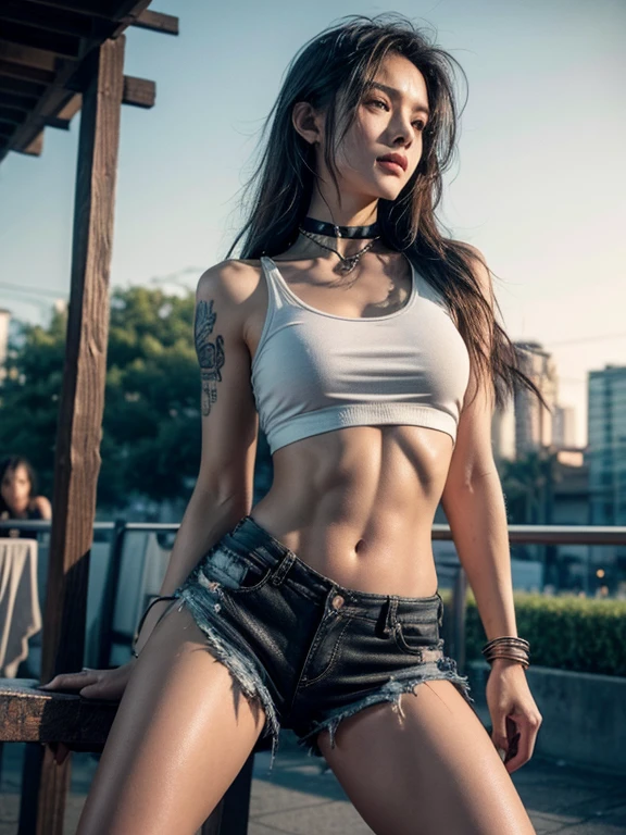 8k, Masterpiece, best quality, realistic, very detailed, 1 woman, healthy body,Have a six pack,Healthy body,The body has clearly defined muscles., realistic skin texture, big breasts, staring at the audience, ripped crop top, Short t-shirt, Torn tank top, underboobs, (Torn shirt,Like a rag revealing the flesh), under , micro mini skirt, Sexy Pants, His shorts were torn, revealing skin., (Wear torn clothes.),(Torn clothing),(Bruises, dirty, Torn clothes, Skimpy clothes: 1.3), Torn cloak, Torn stockings, restraint, ((Astride a steel bar)),(Completely bound by chains), restraint, slave, collar, insult, hands were tied behind his back., invisible hand, ((4 chains hanging from heaven)), Metal shackles and chains, เปียก crotch clearly visible,movie light, Face focus, good eyes, detailed face, The face was bright..., during the day, Outdoor coffee shop in the background, low angle shot,photo from knee, View from below,Beautiful tattoos,small belly tattoo,thigh tattoo,upper arm tattoo