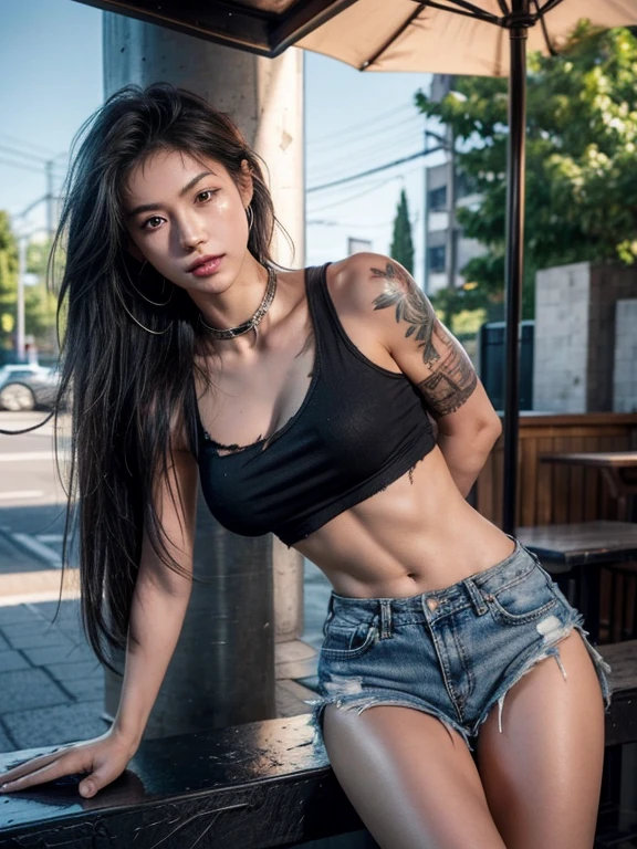 8k, Masterpiece, best quality, realistic, very detailed, 1 woman, healthy body,Have a six pack,Healthy body,The body has clearly defined muscles., realistic skin texture, big breasts, staring at the audience, ripped crop top, Short t-shirt, Torn tank top, underboobs, (Torn shirt,Like a rag revealing the flesh), under , micro mini skirt, Sexy Pants, His shorts were torn, revealing skin., (Wear torn clothes.),(Torn clothing),(Bruises, dirty, Torn clothes, Skimpy clothes: 1.3), Torn cloak, Torn stockings, restraint, ((Astride a steel bar)),(Completely bound by chains), restraint, slave, collar, insult, hands were tied behind his back., invisible hand, ((4 chains hanging from heaven)), Metal shackles and chains, เปียก crotch clearly visible,movie light, Face focus, good eyes, detailed face, The face was bright..., during the day, Outdoor coffee shop in the background, low angle shot,photo from knee, View from below,Beautiful tattoos,small belly tattoo,thigh tattoo,upper arm tattoo