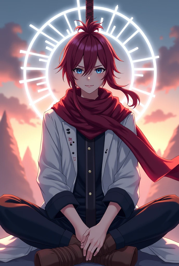 oc anime male, human race, fair skin and medium strong body, long hair, dark red in color and eyelashes of the same color, traditionally Japanese tied hair hairstyle, iris and indigo colored eyes, white pupil, would wear a scarf that would cover from his neck to his shoulders serving as a cape and having some defects in its wine-colored edges, white buttoned coat, reaching the height of the knees, with medium and rolled up sleeves with black details on the clothing, black pants and furry brown boots, would be sitting cross-legged behind a large divine-looking sword, watching the sunrise, while emanating a white aura through his body and the sword.