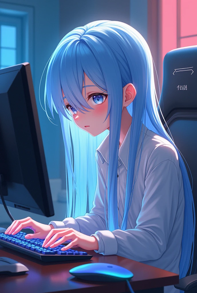 ANIME CHARACTER RIMURU YOUNG MAN WITH LONG LIGHT BLUE HAIR PLAYING ON A GAMER PC