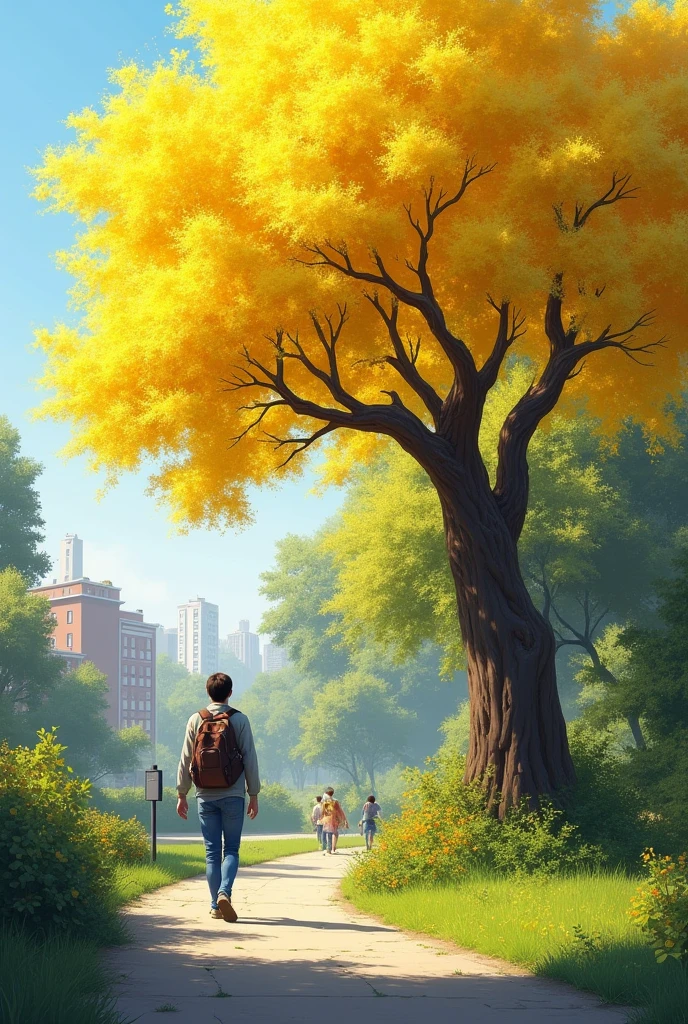 Describe this image in detail. Focus on the prominent yellow-flowered tree, the person standing in the foreground, the surrounding environment including the path and buildings visible, and the overall atmosphere of the scene. Please do not try to identify the individual, but describe their appearance and clothing. Also, if you can, suggest what type of tree the yellow-flowered one might be.