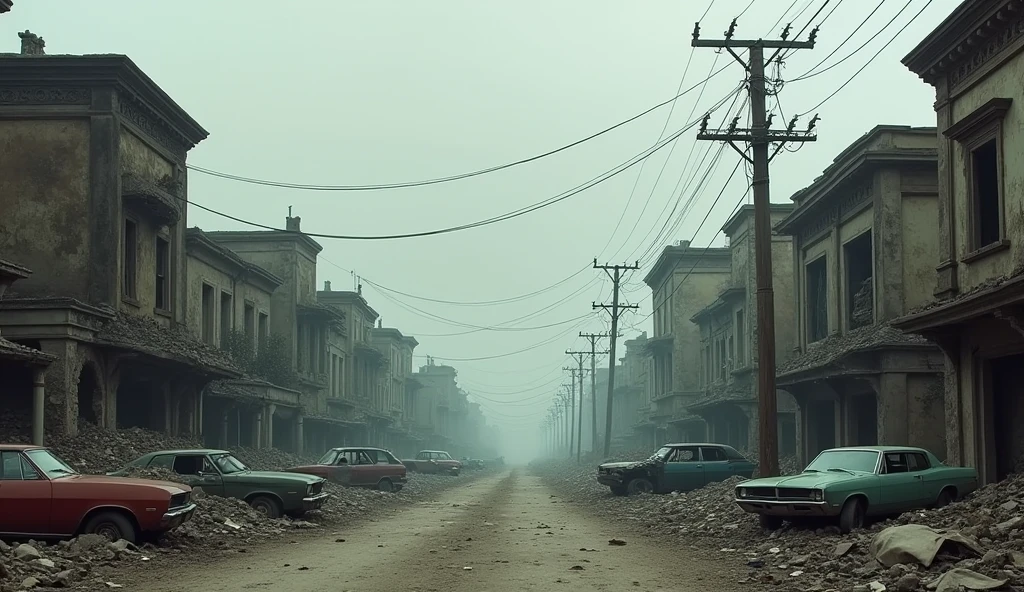 Landscape of a devastated city, with dirty ground and broken cars, broken houses, gray sky, daylight