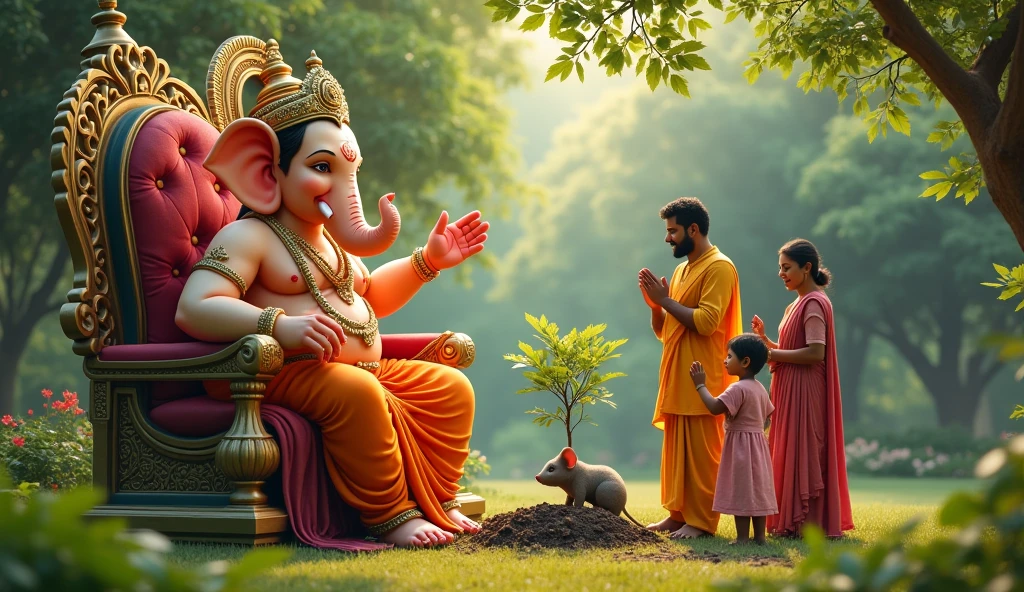High quality ultra HD image of Lord Ganesha blessing with his front right hand to Indian man. Lord ganesha is seating on sinhasan. Indian Man is planting tree at garden with her wife and child. One mouse and one large elephant. behind lord ganesha.