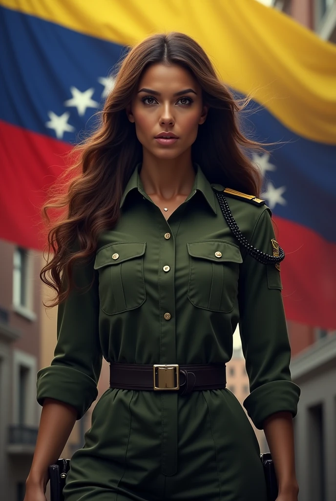 A woman with light brown skin, long hair back looking at the Venezuela flag.
dressed as a military man