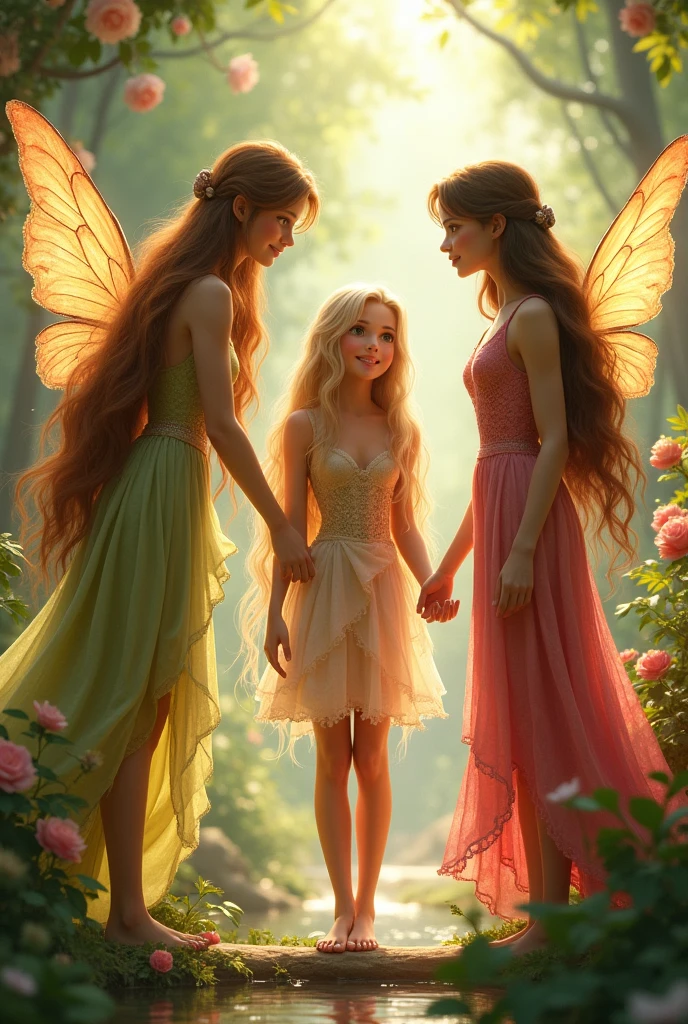 The fairy with the blonde long hair introduced her friend with a long brown hair to her fairy grand parents 