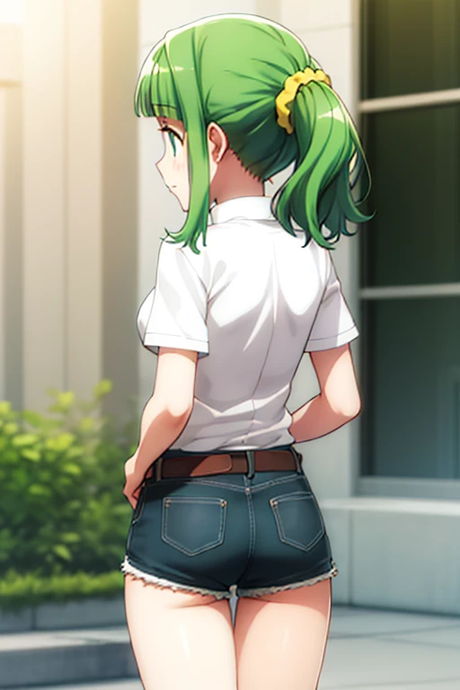 best quality, masterpiece, highres, solo, {futaba_sana_puellamagimadokamagicasidestorymagiarecord:1.15}, bangs, sidelocks, blunt_bangs, twintails, green_hair, wavy_hair, medium_hair, green_eyes, hair_ornament, blush, dot_nose, closed_mouth, aqua_hair, scrunchie, yellow_scrunchie, hair_scrunchie, 1girl, white shirt, belt, denim_shorts, shorts_rolled, from behind