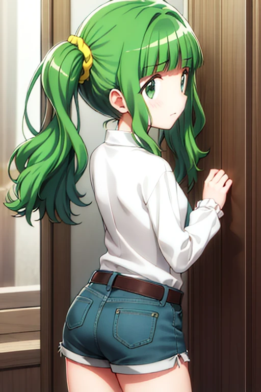 best quality, masterpiece, highres, solo, {futaba_sana_puellamagimadokamagicasidestorymagiarecord:1.15}, bangs, sidelocks, blunt_bangs, twintails, green_hair, wavy_hair, medium_hair, green_eyes, hair_ornament, blush, dot_nose, closed_mouth, aqua_hair, scrunchie, yellow_scrunchie, hair_scrunchie, 1girl, white shirt, belt, denim_shorts, shorts_rolled, from behind