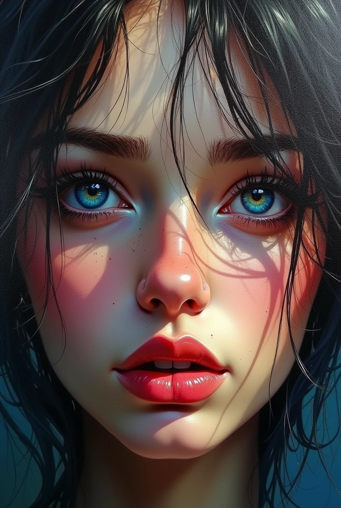 A detailed expressionist portrait of a woman, Beautiful and delicate eyes, Beautiful and delicate lips, Extremely detailed eyes and face, Long eyelashes, Messy colored hair, Dramatic Lighting, Intense colors, Heavy textured brushstrokes, Melancholy atmosphere, vibrant color palette, Dramatic chiaroscuro, Emotional expression, atmosphere, Impressionism, painting, masterpiece, best quality, 8K, Ultra Detailed, Reality