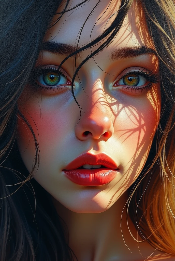 A detailed expressionist portrait of a woman, Beautiful and delicate eyes, Beautiful and delicate lips, Extremely detailed eyes and face, Long eyelashes, Messy colored hair, Dramatic Lighting, Intense colors, Heavy textured brushstrokes, Melancholy atmosphere, vibrant color palette, Dramatic chiaroscuro, Emotional expression, atmosphere, Impressionism, painting, masterpiece, best quality, 8K, Ultra Detailed, Reality
