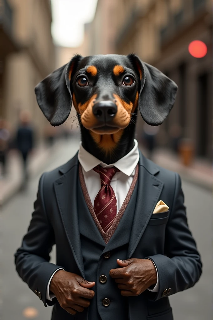 Pincher dog in a designer suit 