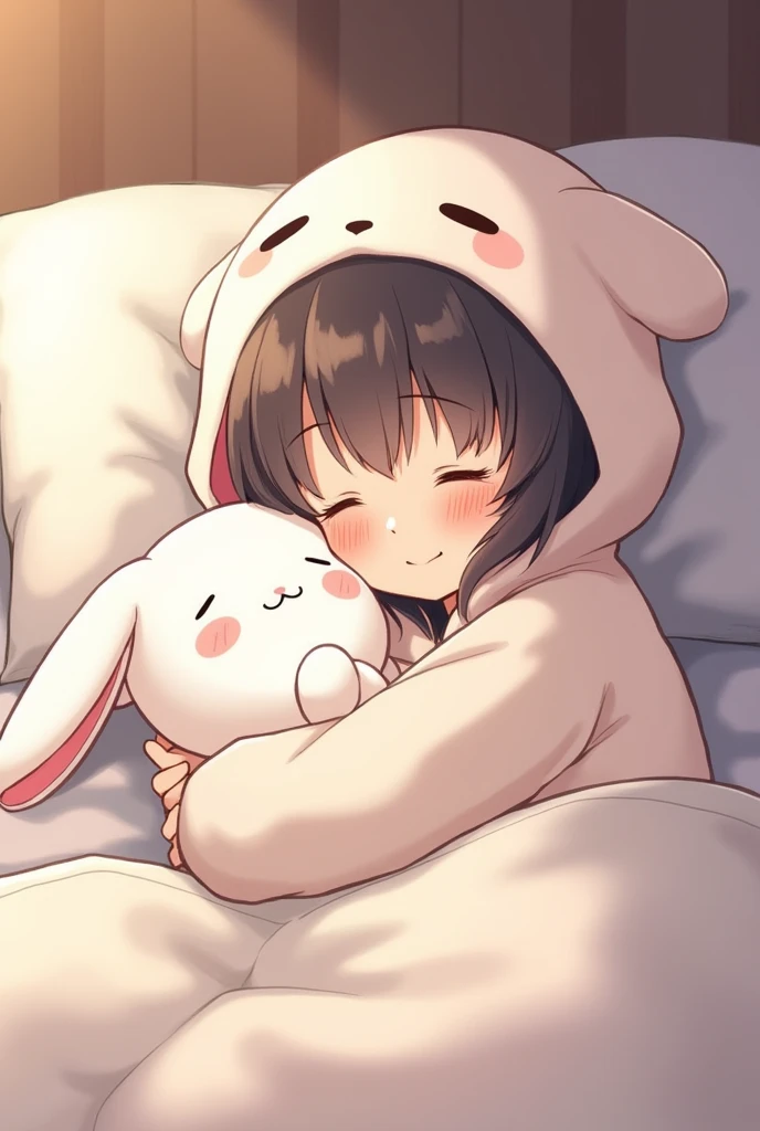 1girl, tiny rabbit stuffed, kigurumi, albino, close eyes, :3, sleep nakes