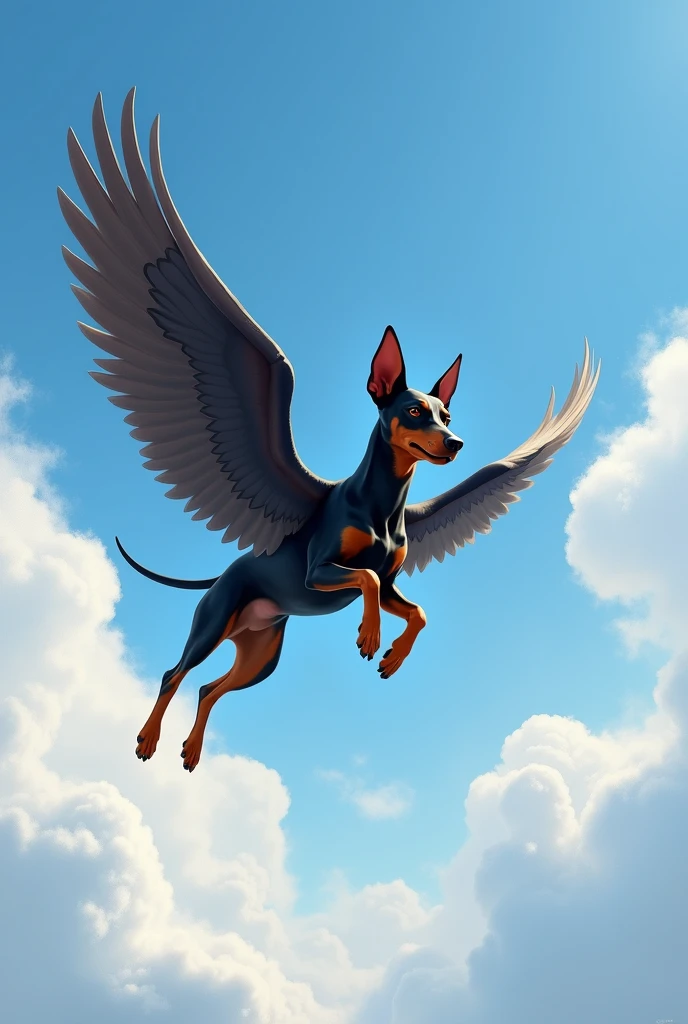 A picture of a pinscher named Max with wings in the sky