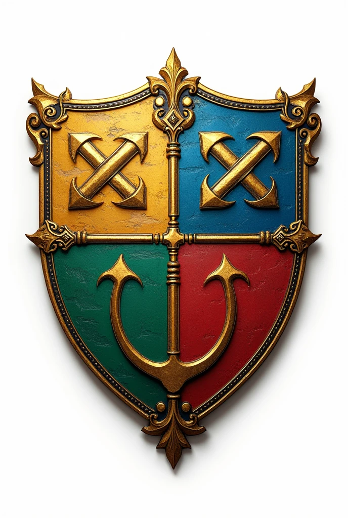 Coat of arms with colors, Unripe, gold, blue and red. written inside the coat of arms: SafeGuard. white background.