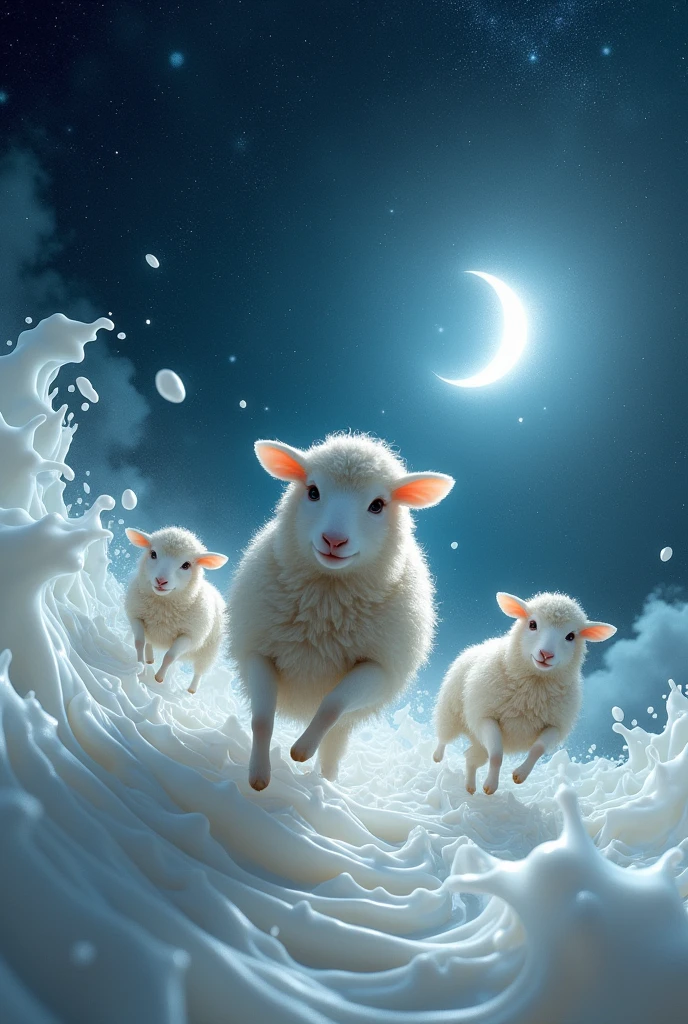 Milk runs into the Milky Way in the starry sky The moon shines and a hundred sheep jump through the clouds