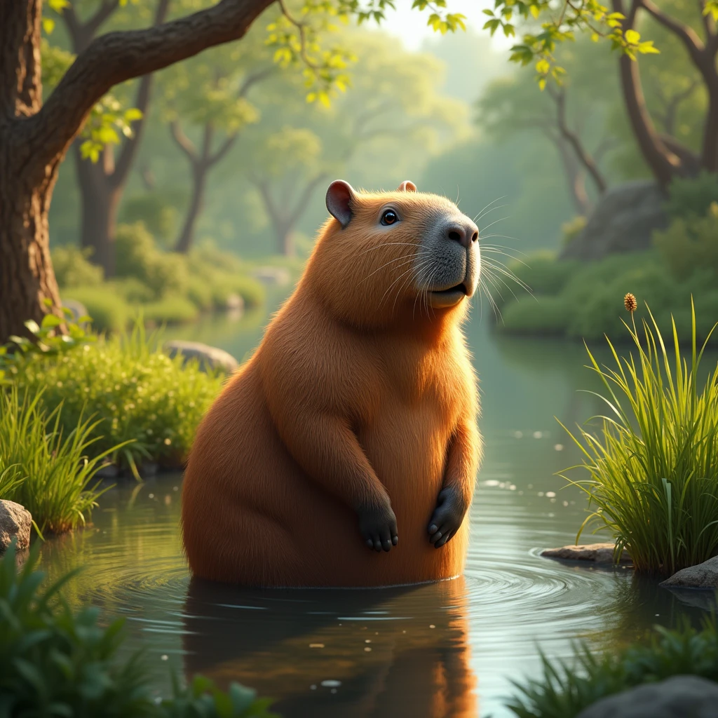 A realistic and vibrant photo of capybarawith its natural habitat.