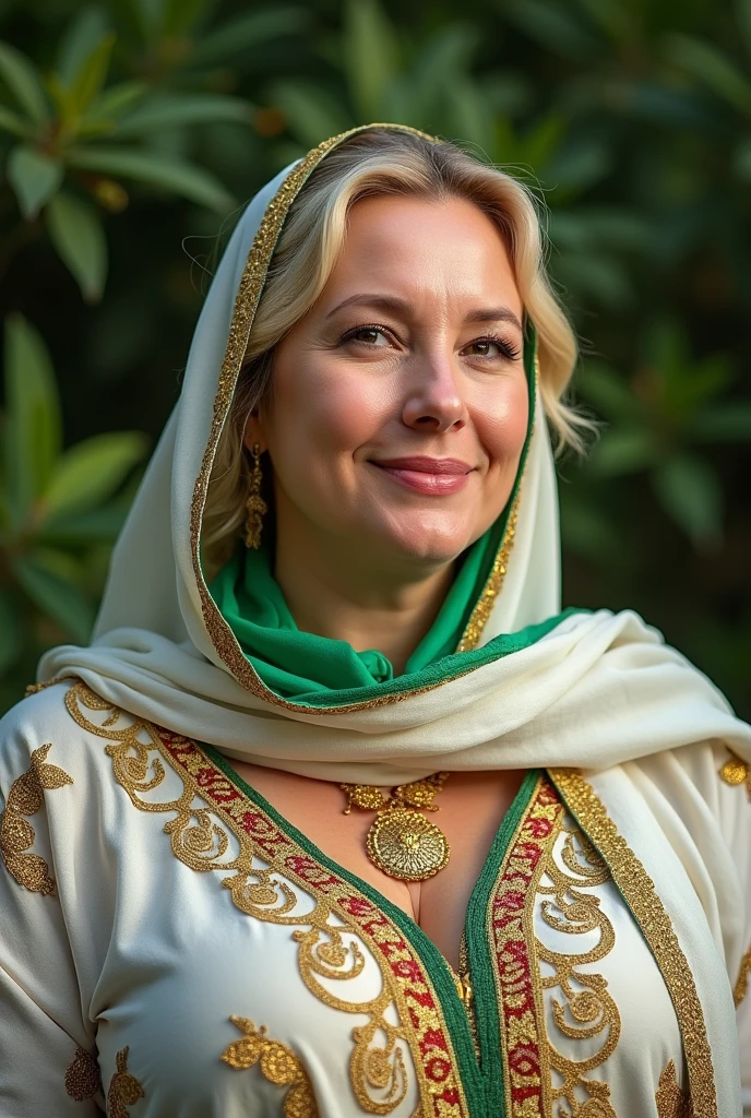 Close up, woman, plump, blonde, wearing, black Algerian caftan, decorated with gold threads, with scarf colored in the colors of the Algerian flag, half of the scarf is white and green, detailed, exquisite detail, masterpiece, green natural background,